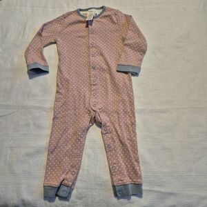 Baby Boden girls 12-18 month pink with white dots gray trim snap up romper GUC
